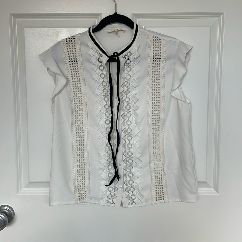 Maje white button up with black velvet tie